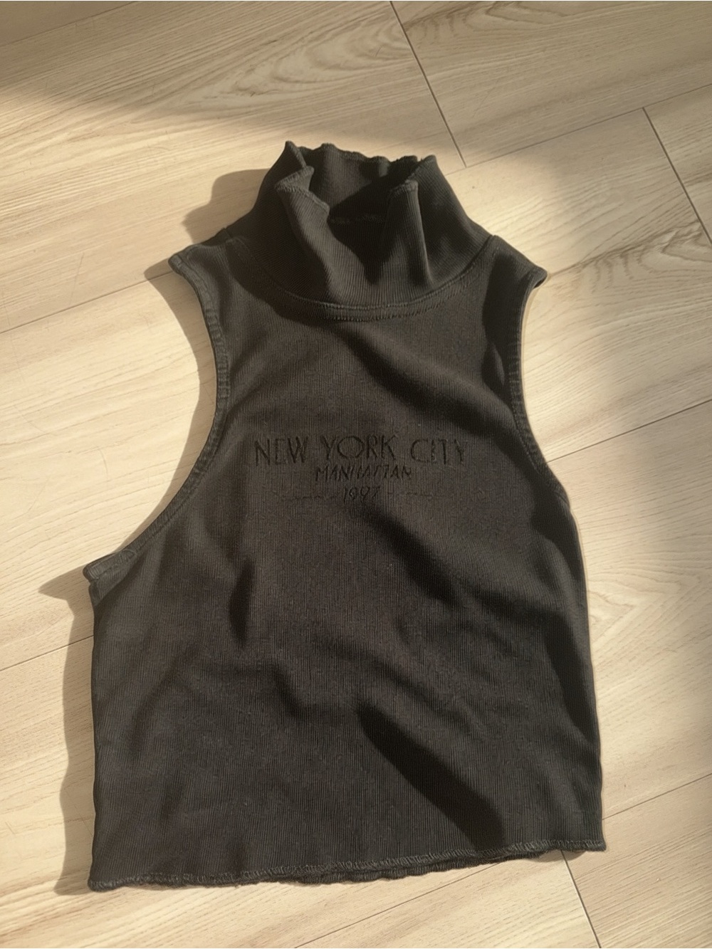 New York City Embroidered Sleeveless Mock Neck Top - Black
